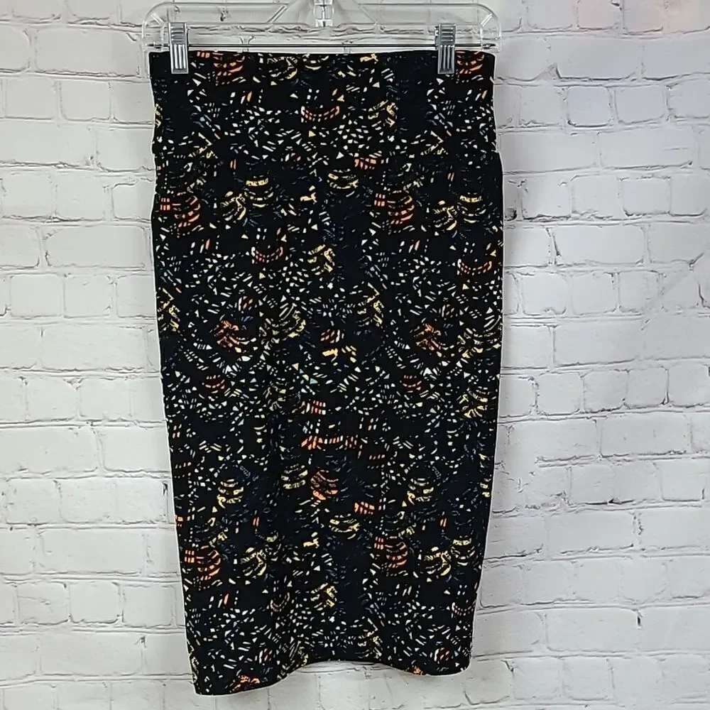 LuLaRoe Cassie XS Black Abstract Print Stretch Pencil Skirt Multicolor Art Chic